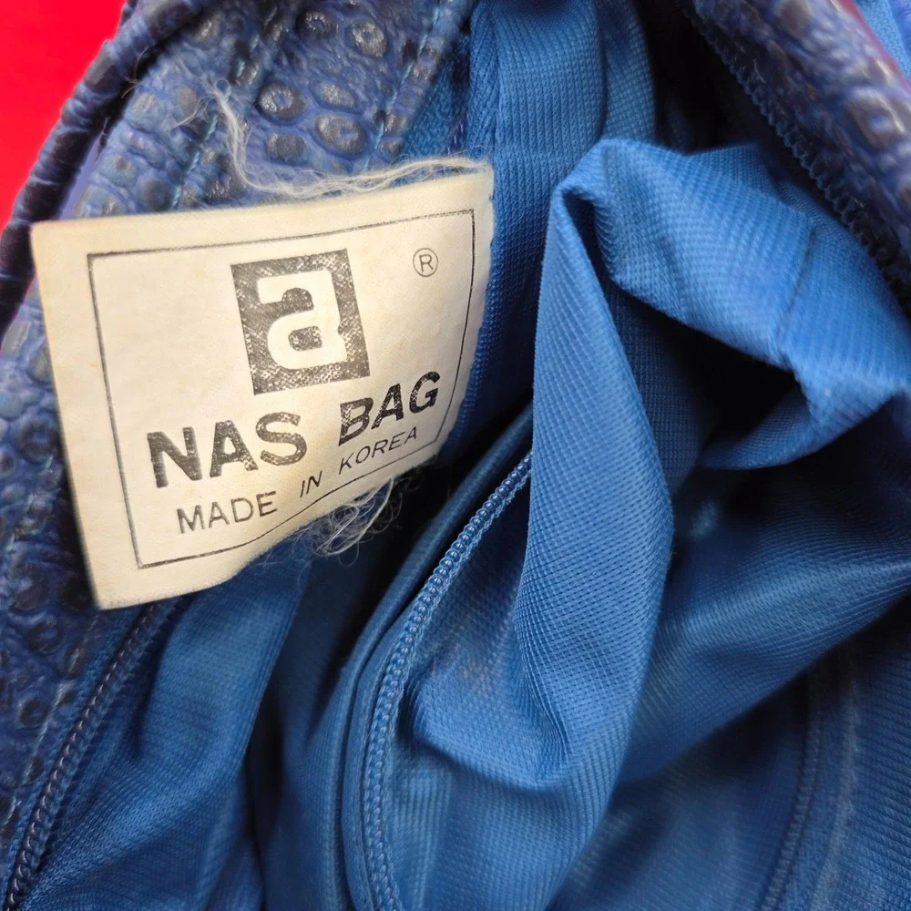 Vintage Nas Bag Blue Patchwork Leather Shoulder Bag 80's Boho Fringe Cloth Lined - Picture 5 of 7